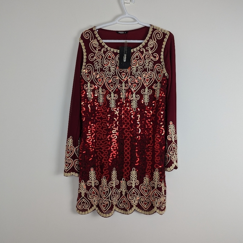 Elegant Burgundy Sequined Tunic Dress Golden Embroidery Basicxx Woman Size Med